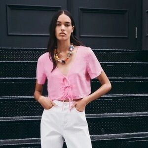 Zara Pink V Neck Tie Front Short Sleeve Cropped Top XS